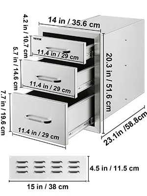 VEVOR outdoor kitchen drawers with three drawers, dimensions labeled in inches and cm.