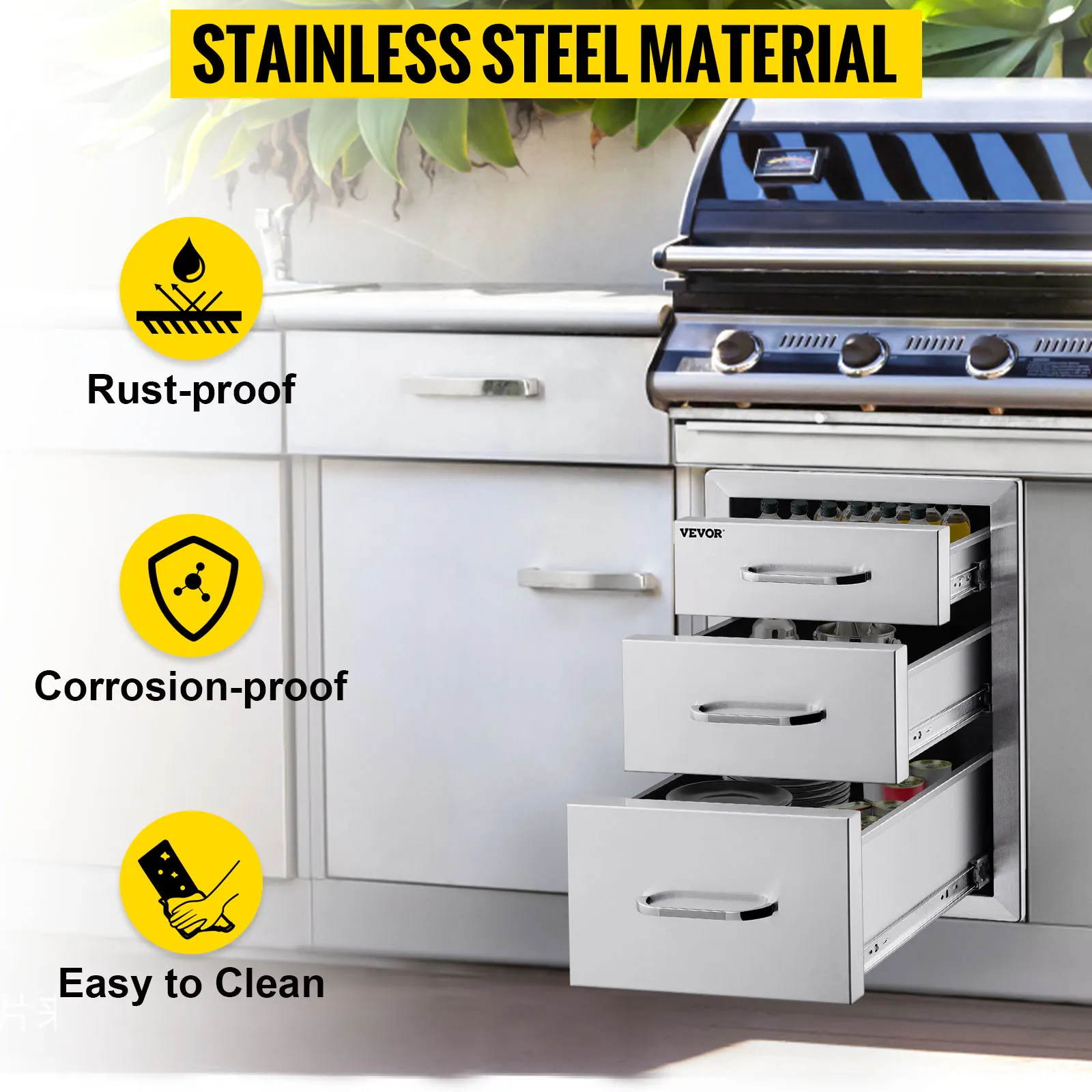 VEVOR outdoor kitchen drawers, stainless steel, rust-proof, easy to clean, next to grill.