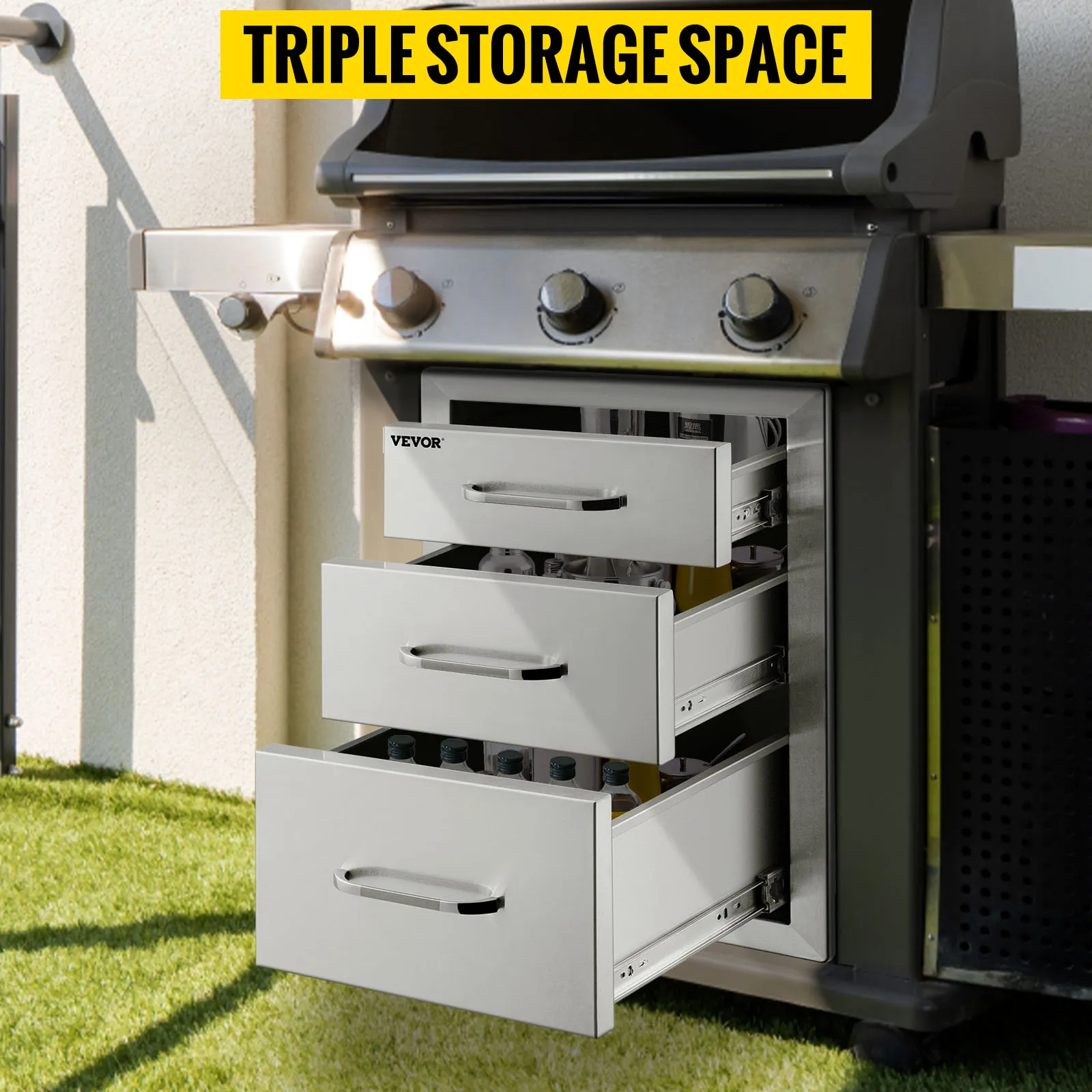 triple storage VEVOR outdoor kitchen drawers installed under a stainless steel grill.
