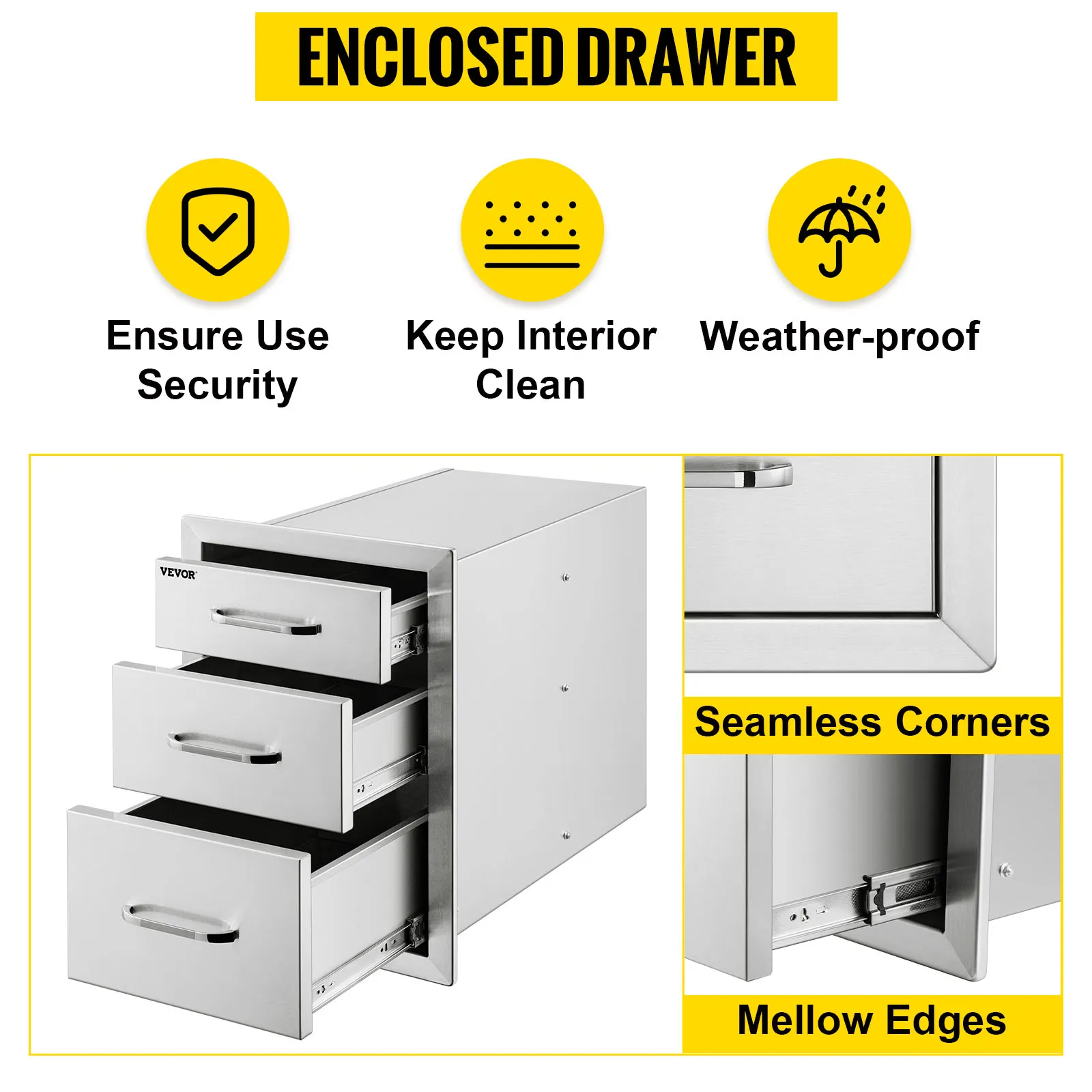 VEVOR outdoor kitchen drawers, weather-proof and secure with seamless corners.