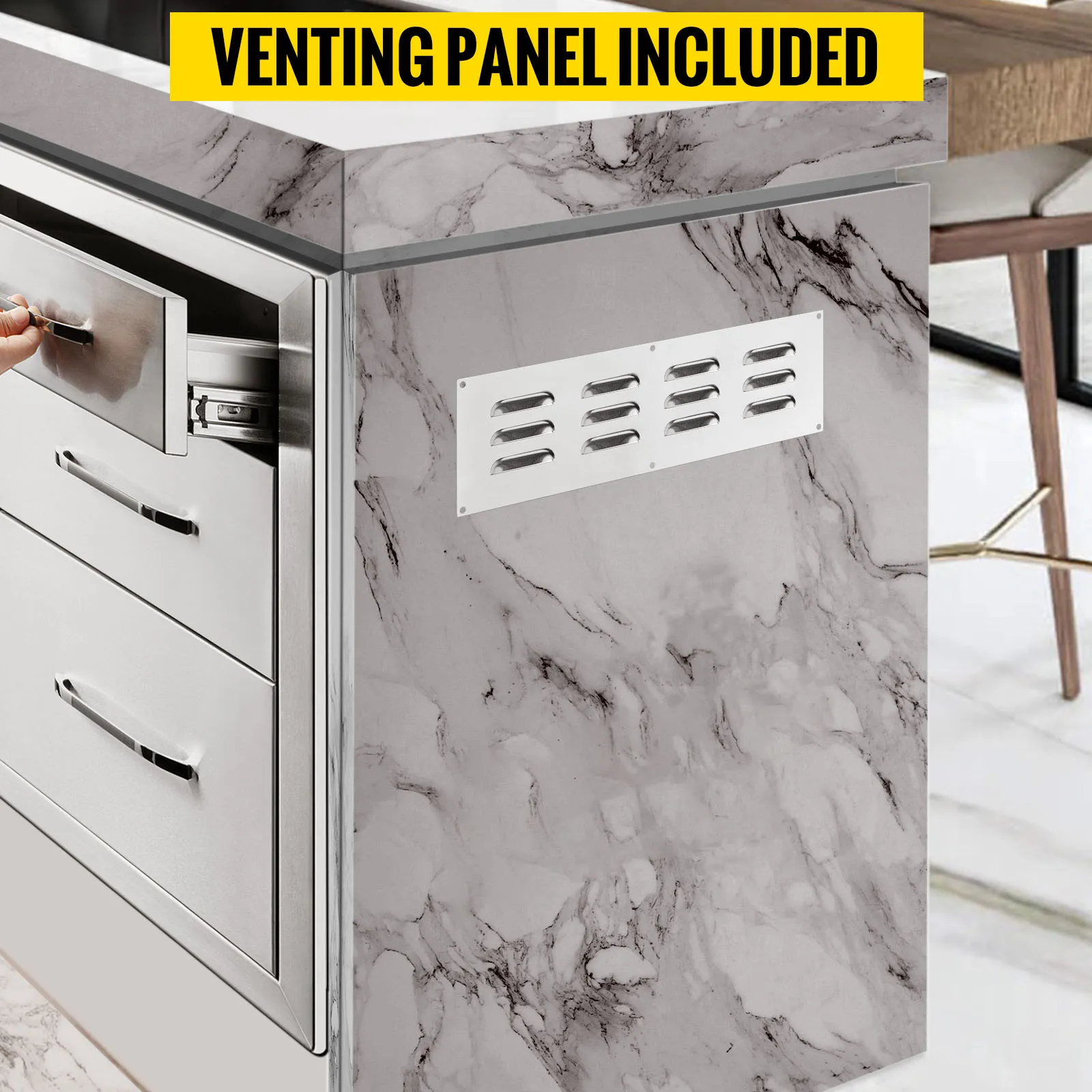 marble island with VEVOR outdoor kitchen drawers and venting panel included.