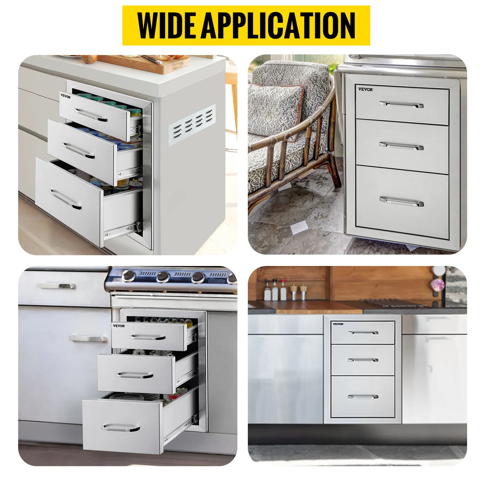 VEVOR outdoor kitchen drawers in various settings showing versatile installation options.