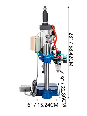 Dimensiones de la prensa punzonadora VEVOR: 23" x 8" x 9", base de 6" de ancho.