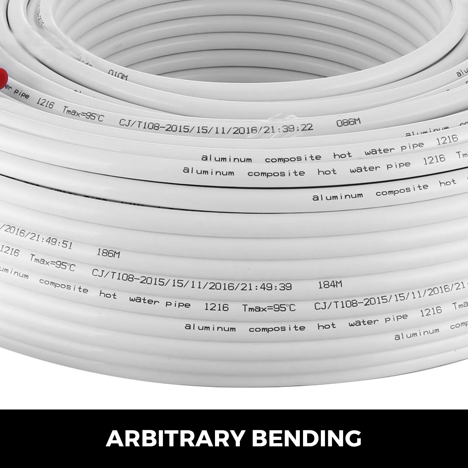 coiled VEVOR pex-al-pex tubing with labeled specifications and arbitrary bending text.
