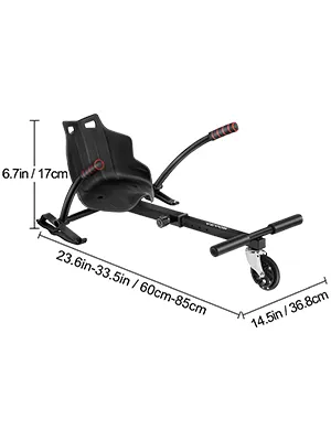 Accesorio de asiento para hoverboard VEVOR con marco ajustable y dimensiones de rueda trasera.