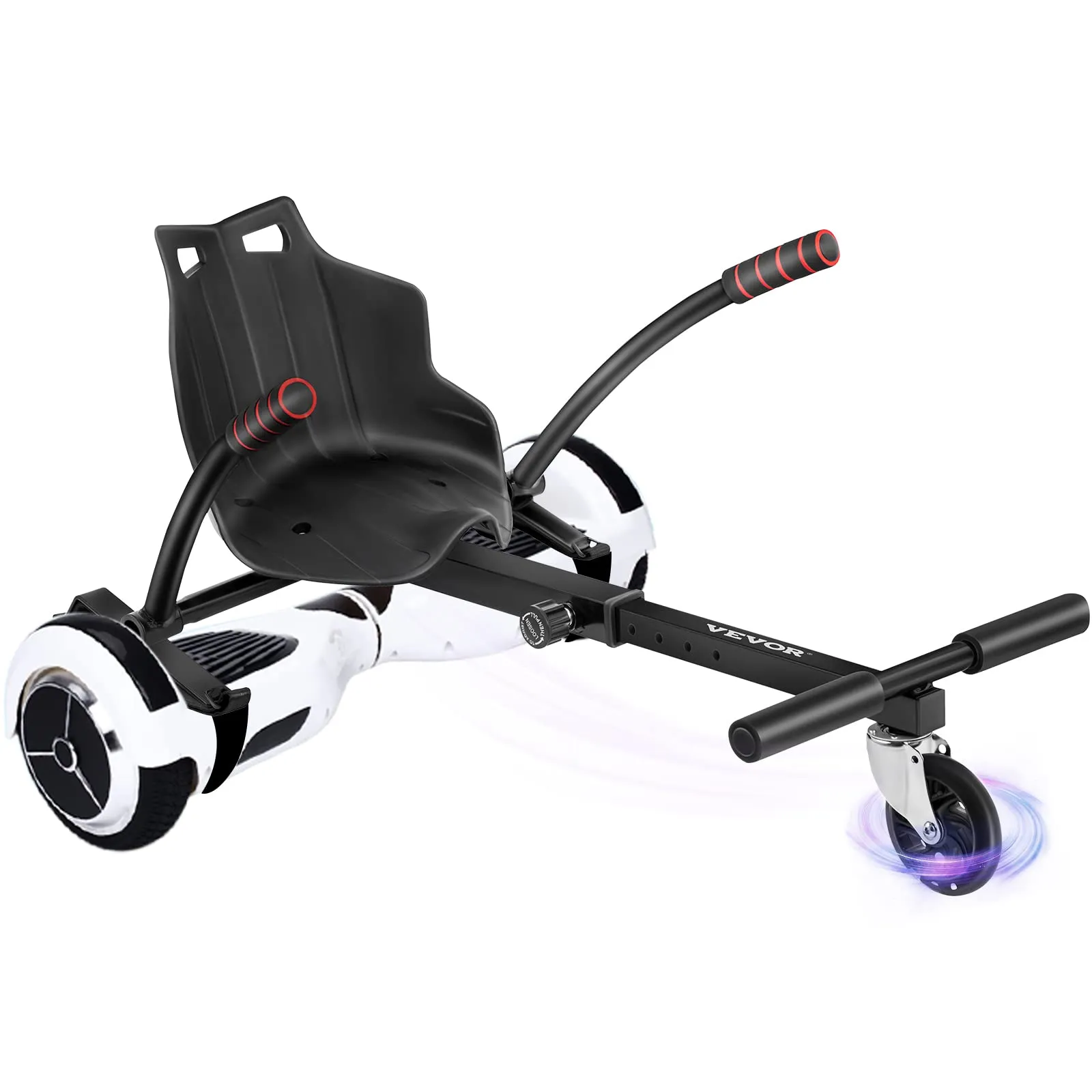 Accesorio de asiento para hoverboard VEVOR con asiento negro y base de hoverboard blanca.