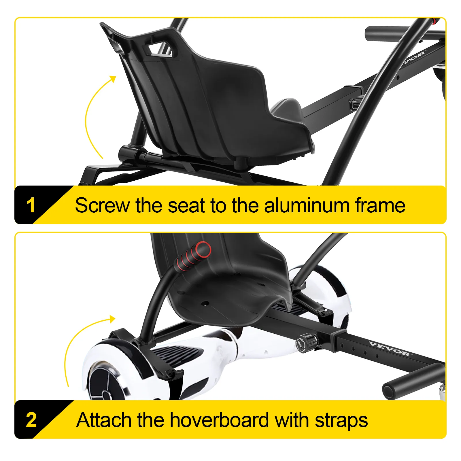 Atornille el asiento al marco de aluminio y fije el asiento del hoverboard VEVOR con correas.