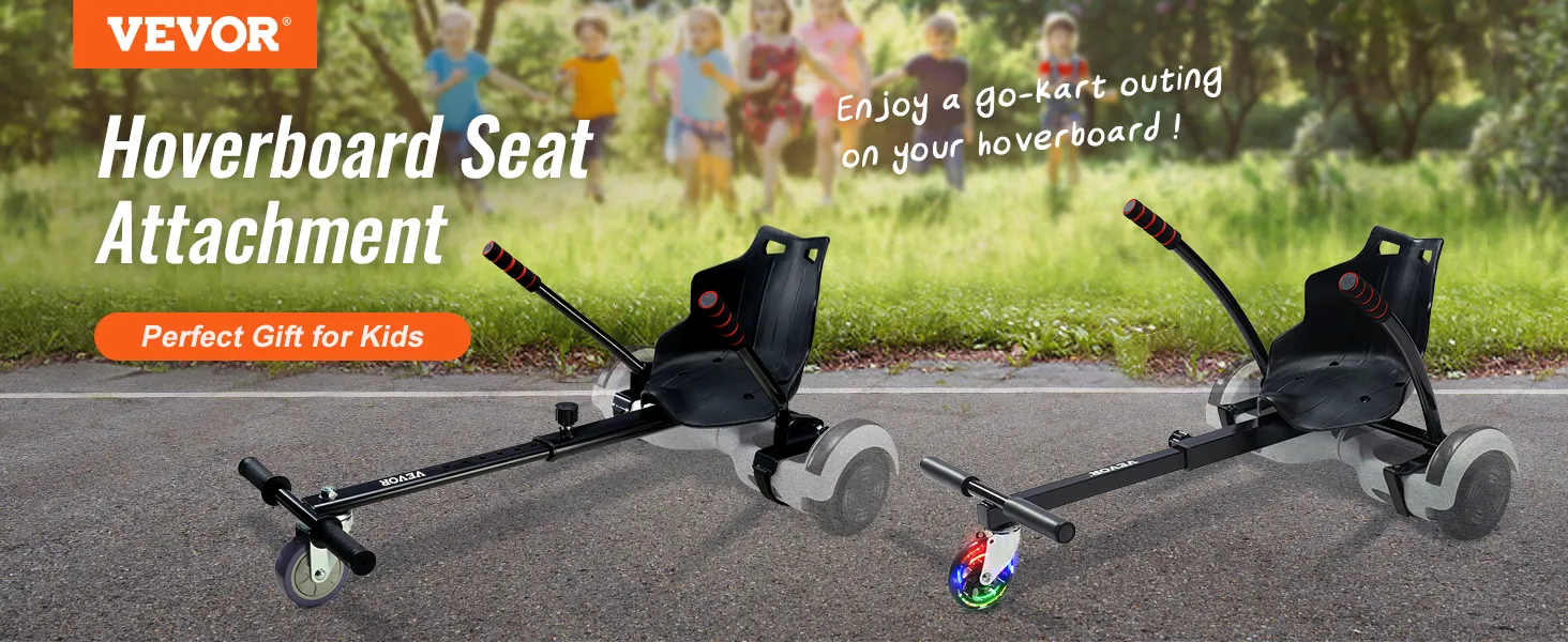 Accesorio de kart aerodeslizador VEVOR en una carretera con niños borrosos en el fondo.