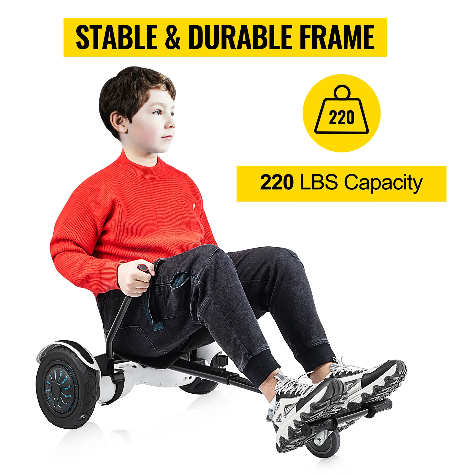 Persona que utiliza el accesorio de kart volador VEVOR, con capacidad para 220 libras, vistiendo un suéter rojo.