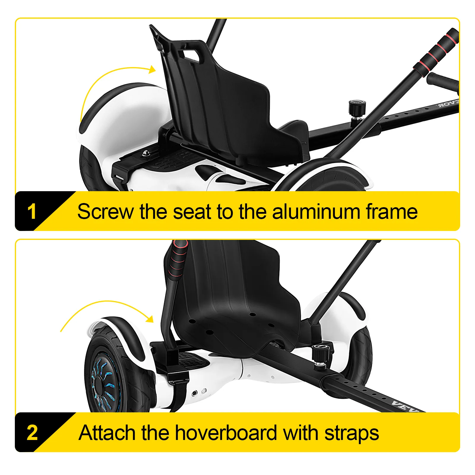 Coloque el accesorio de kart volador VEVOR atornillando el asiento y asegurando las correas.