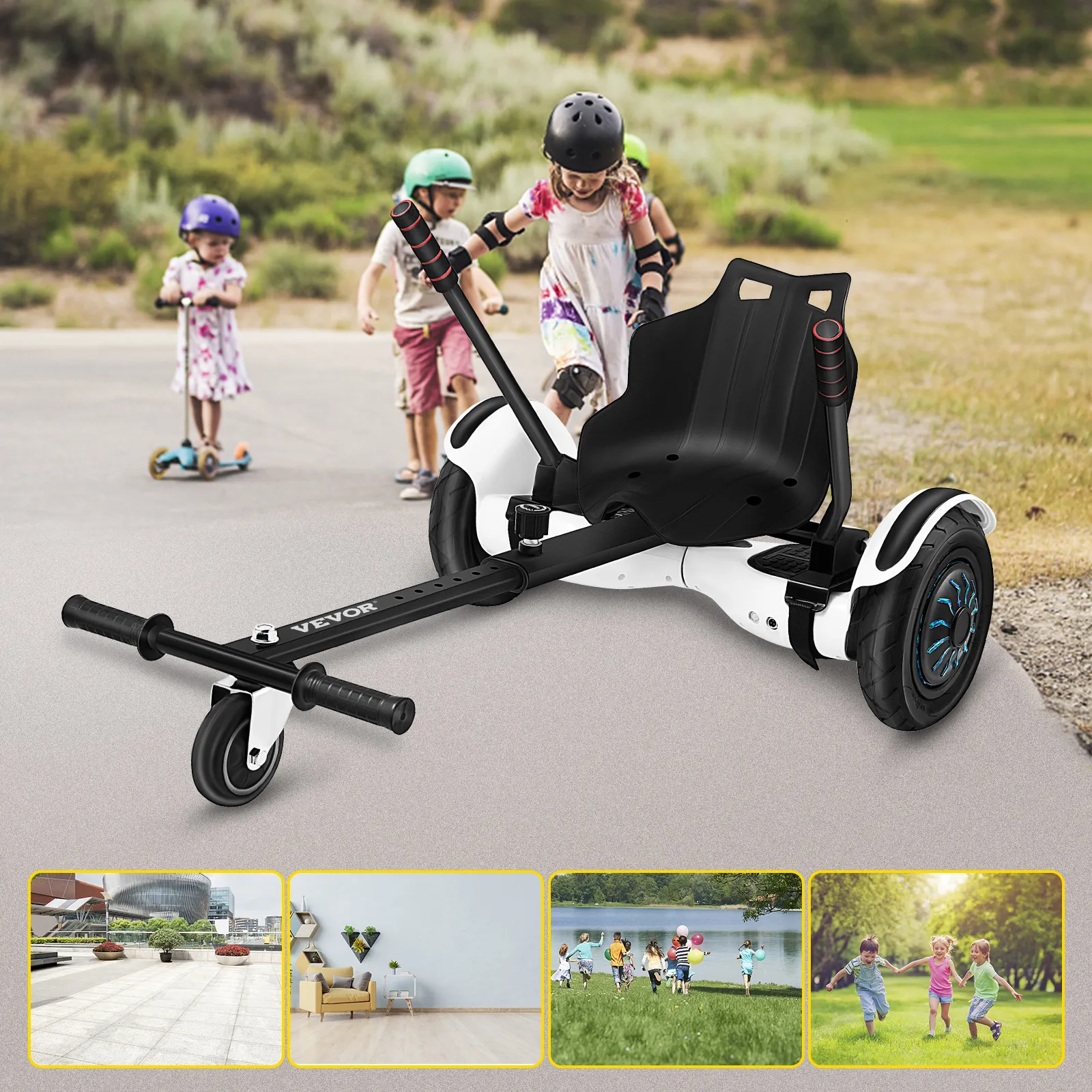 Accesorio de kart volador VEVOR sobre pavimento con niños jugando de fondo.