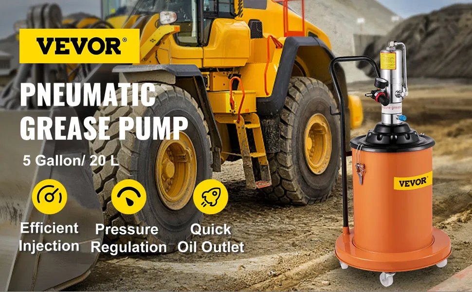 VEVOR grease pump in construction site; features efficient injection, pressure regulation, quick oil outlet.