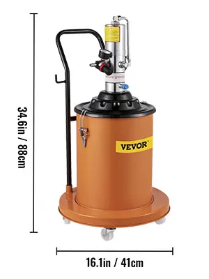 VEVOR grease pump, orange cylinder with handle, measures 34.6in high, 16.1in wide.
