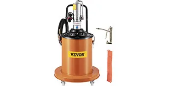 VEVOR grease pump with hose, grease gun, and orange pump lever on wheels.