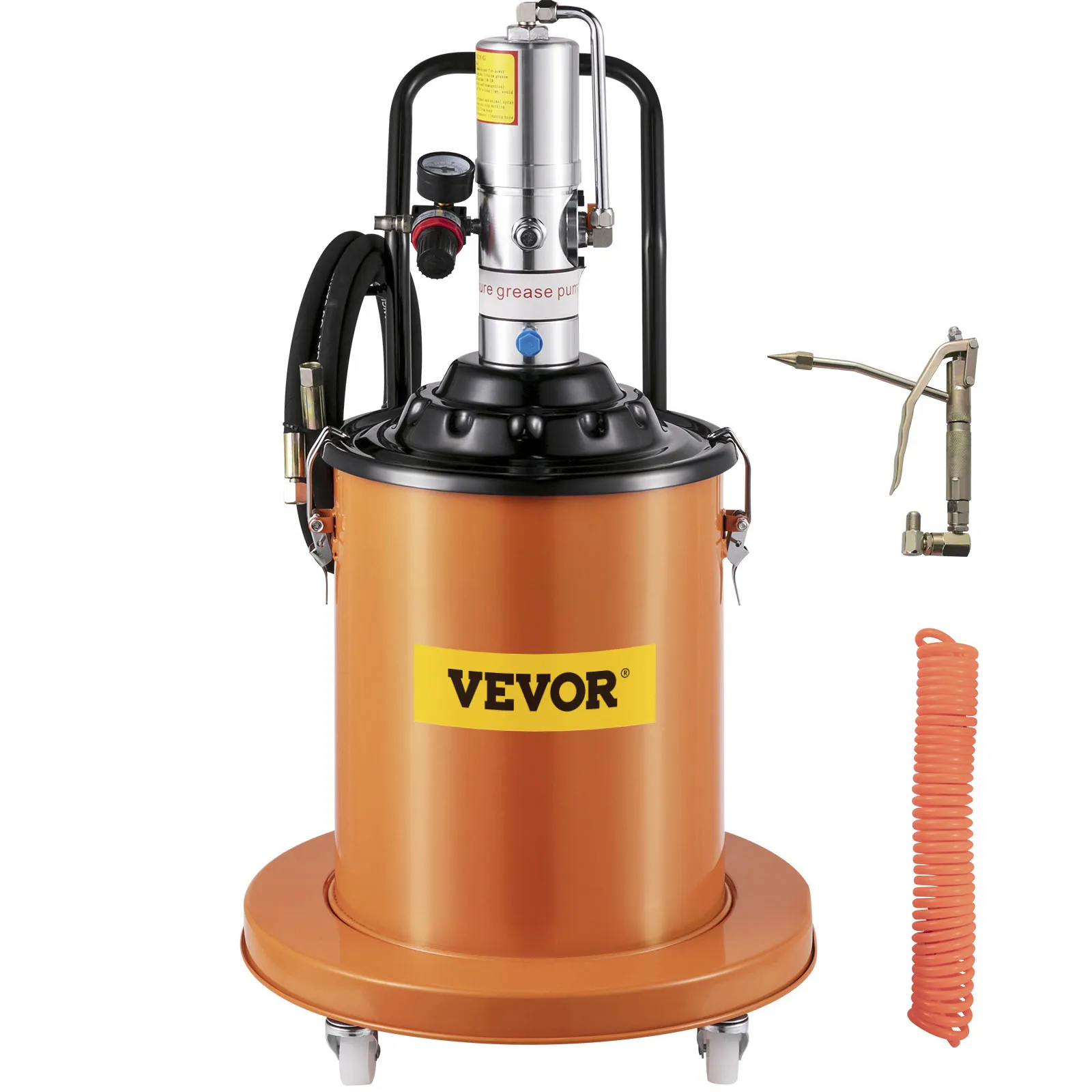VEVOR grease pump in orange with accessories and hoses on white background.