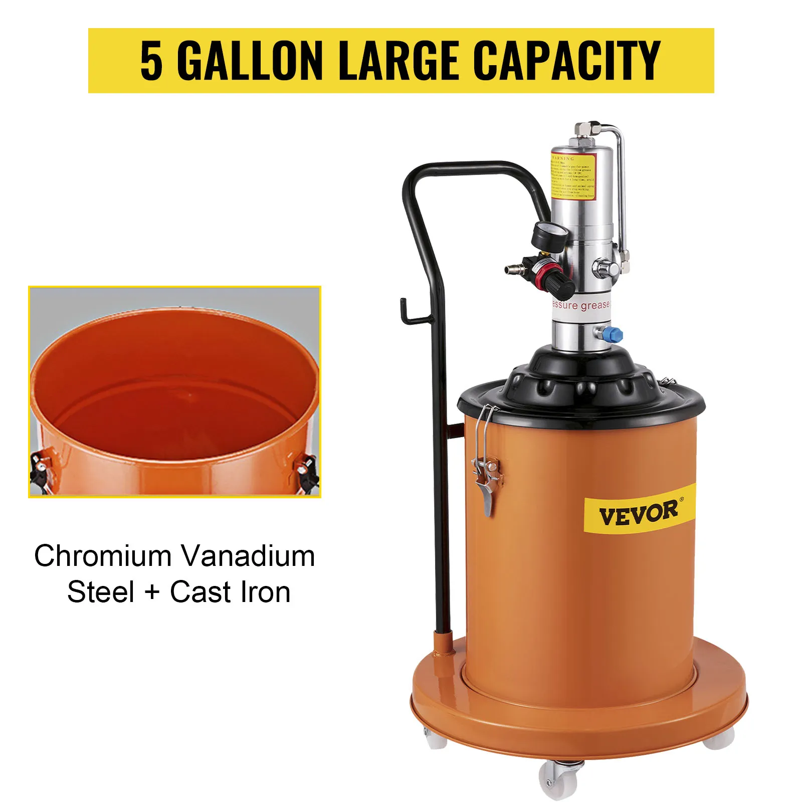 VEVOR grease pump, 5-gallon large capacity, chromium vanadium steel and cast iron.