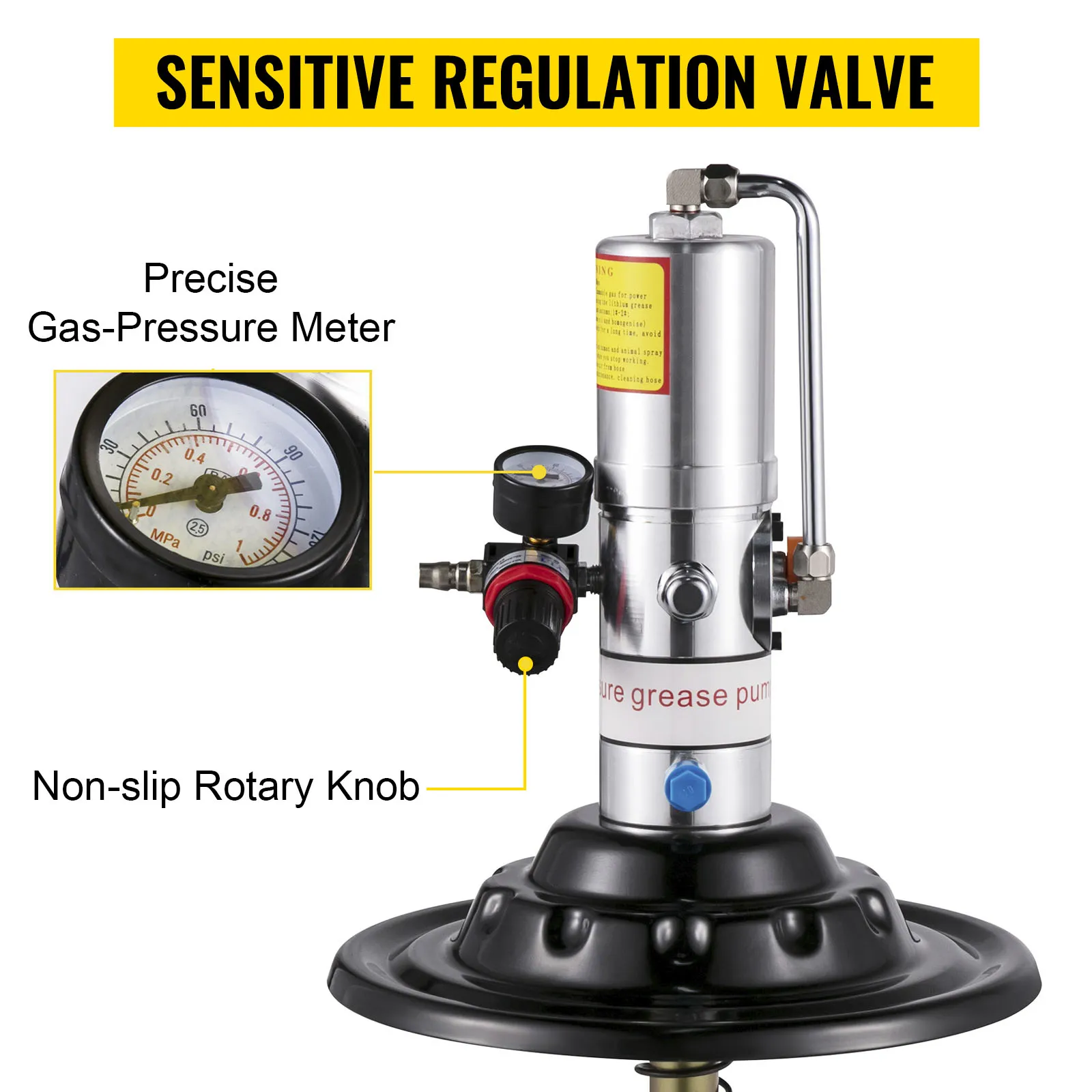VEVOR grease pump with sensitive regulation valve, gas-pressure meter, and rotary knob.