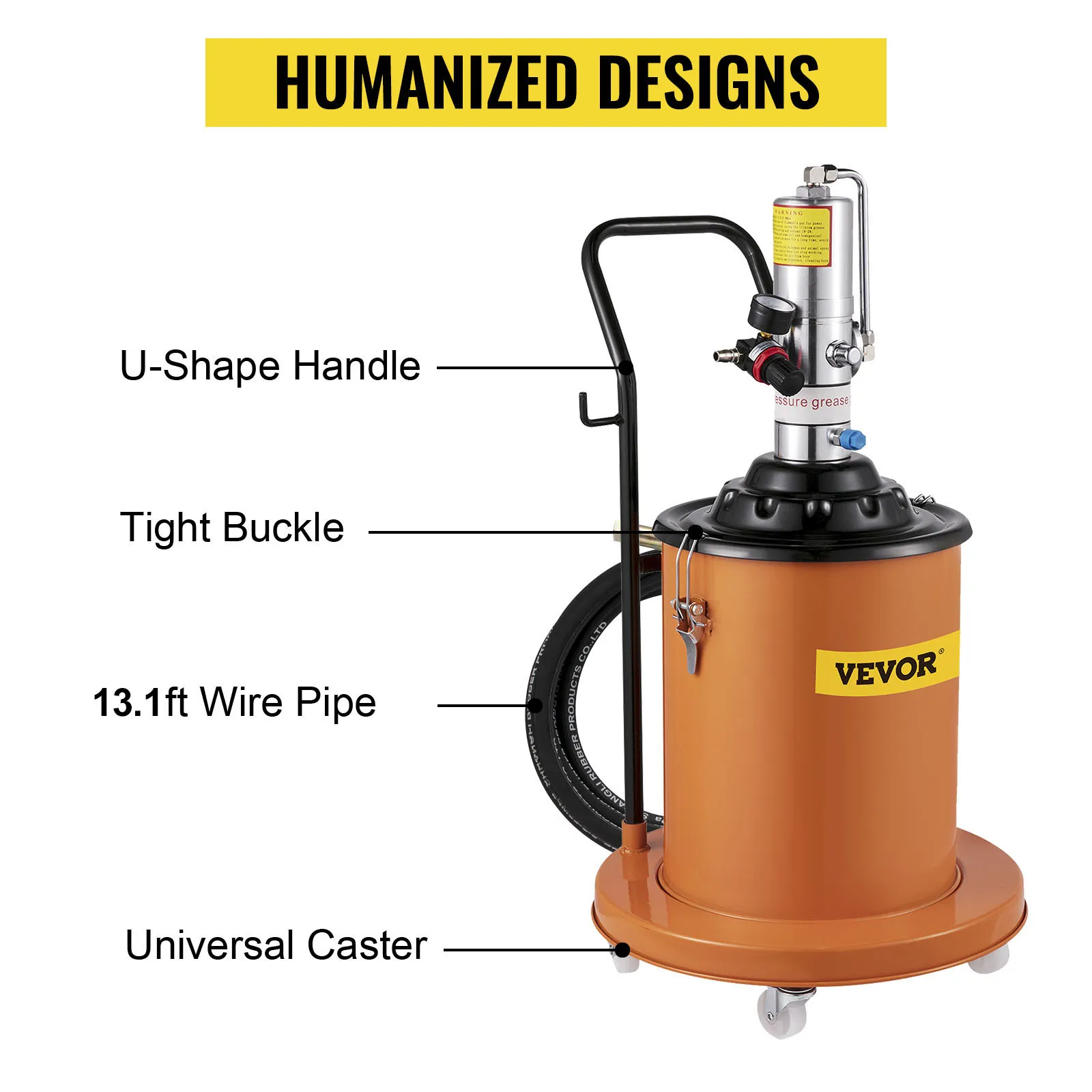 VEVOR grease pump with u-shape handle, tight buckle, wire pipe, and universal caster.