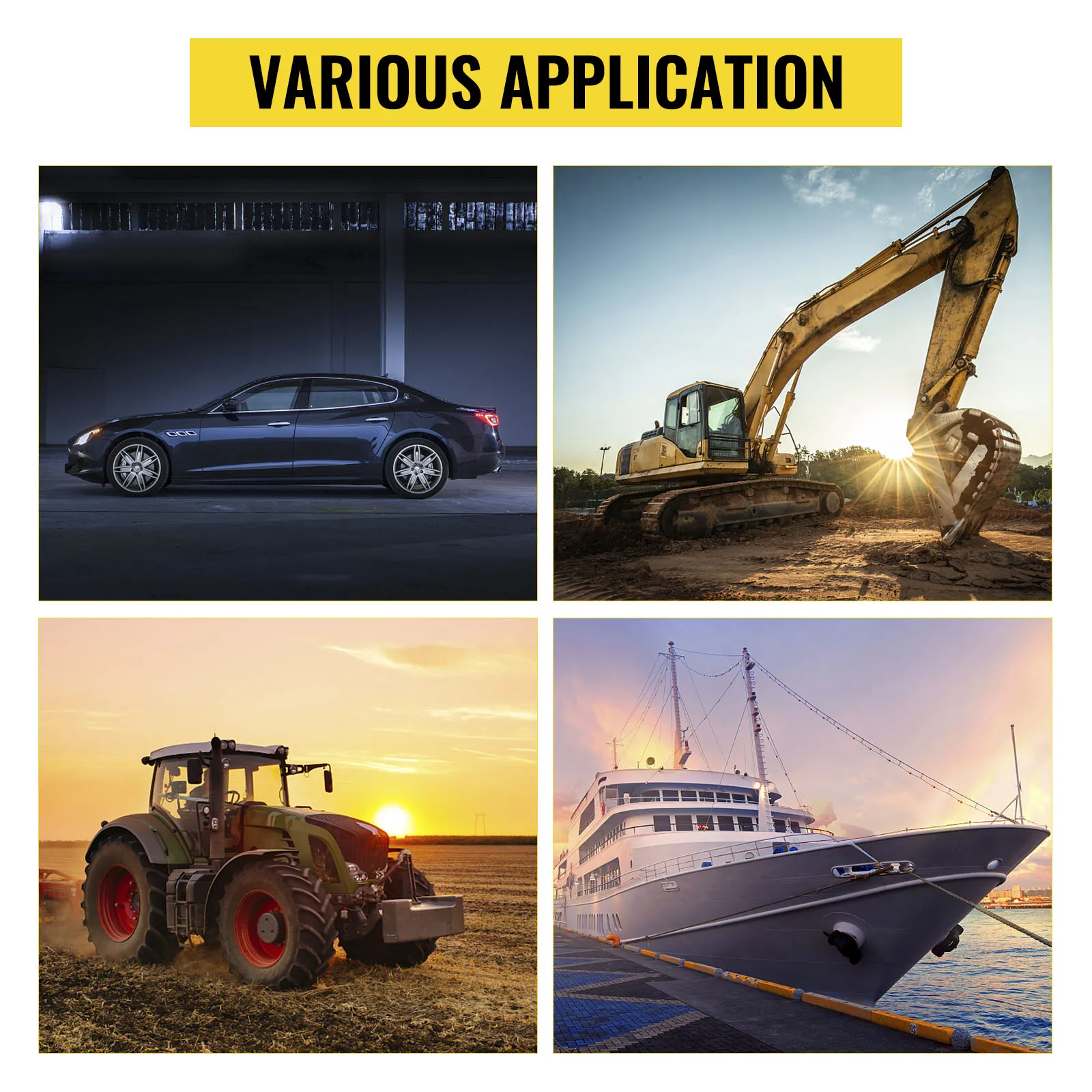 VEVOR grease pump applications: car, excavator, tractor, and boat maintenance.