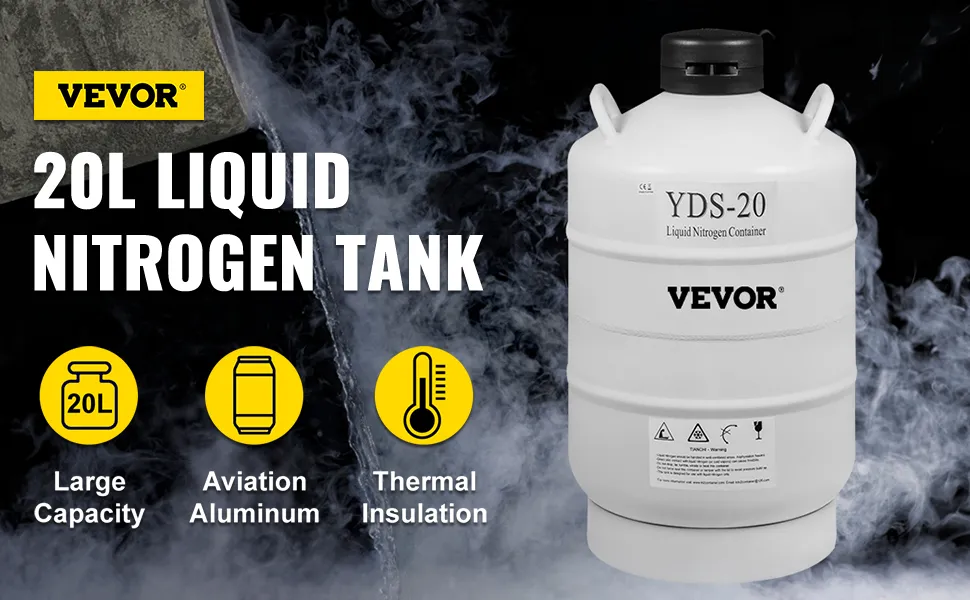 VEVOR liquid nitrogen tank with 20l capacity, aviation aluminum, and thermal insulation.