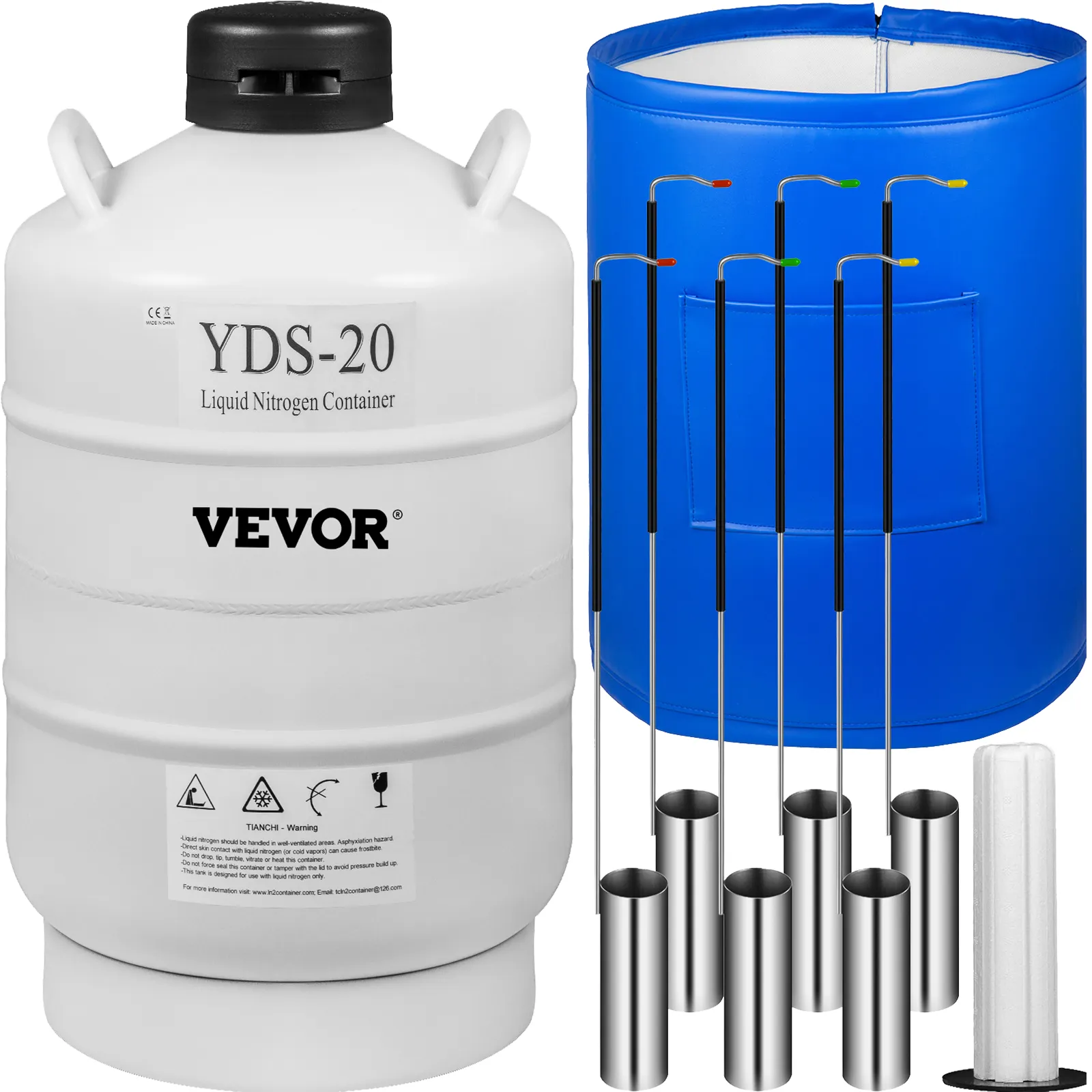 VEVOR liquid nitrogen tank with canisters and protective cover.