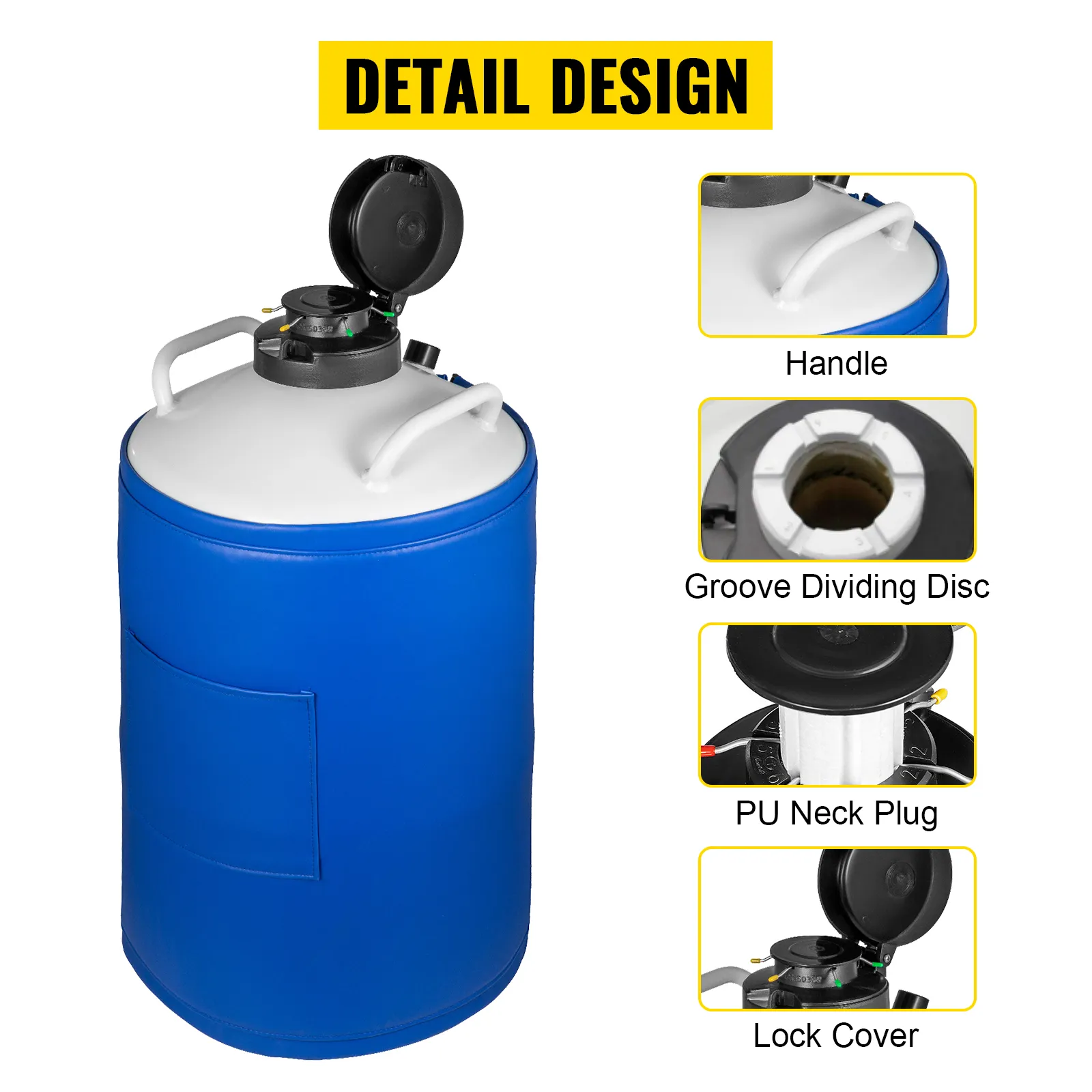 VEVOR liquid nitrogen tank with handle, groove dividing disc, pu neck plug, and lock cover.