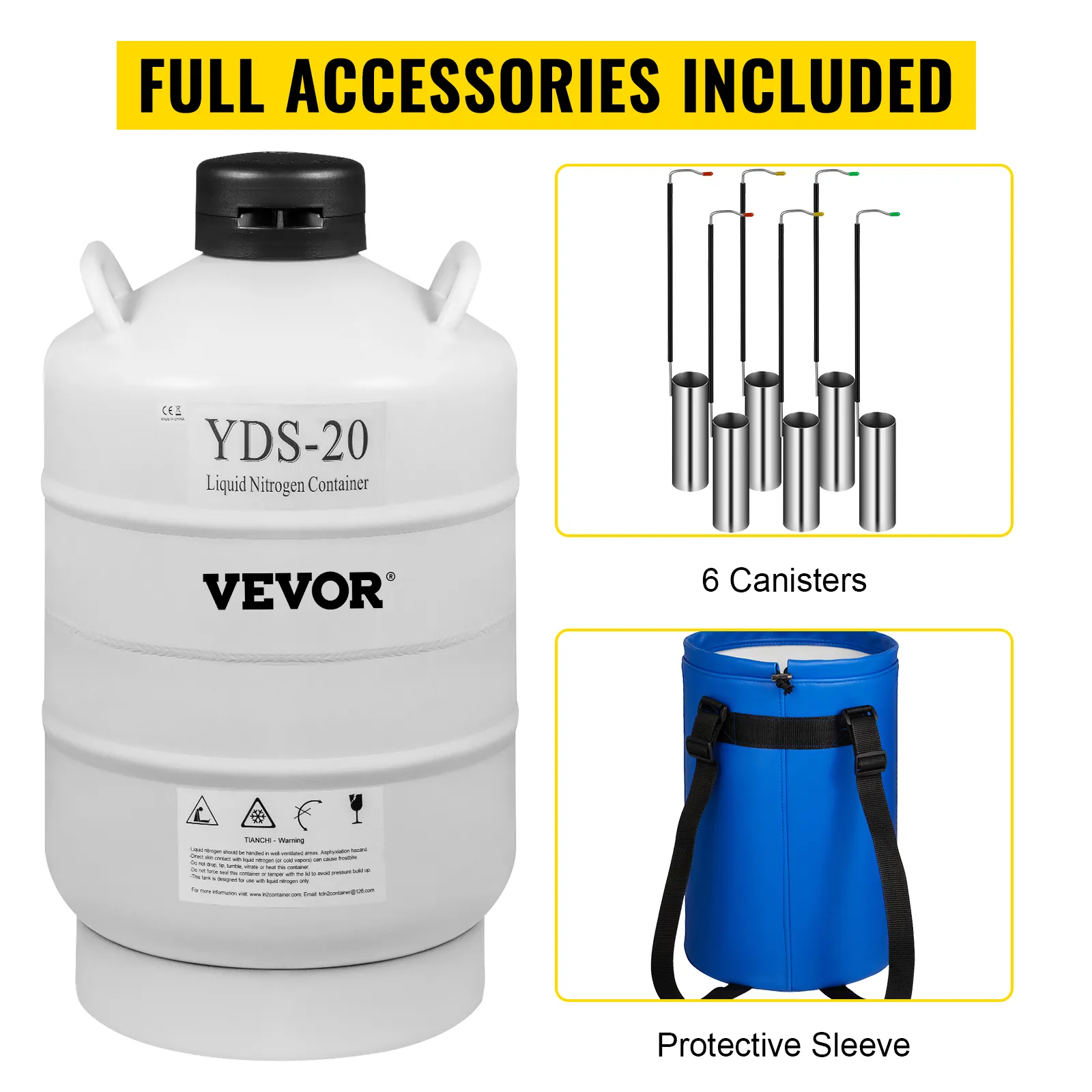VEVOR liquid nitrogen tank with 6 canisters and protective sleeve. full accessories included.