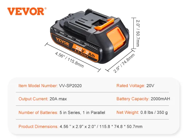 VEVOR 20-V-Lithium-Ionen-Akku, 2000 mAh, 20 A Leistung, Modell vv-sp2020, 350 g, Abmessungen 115,8 x 74,8 x 50,7 mm.