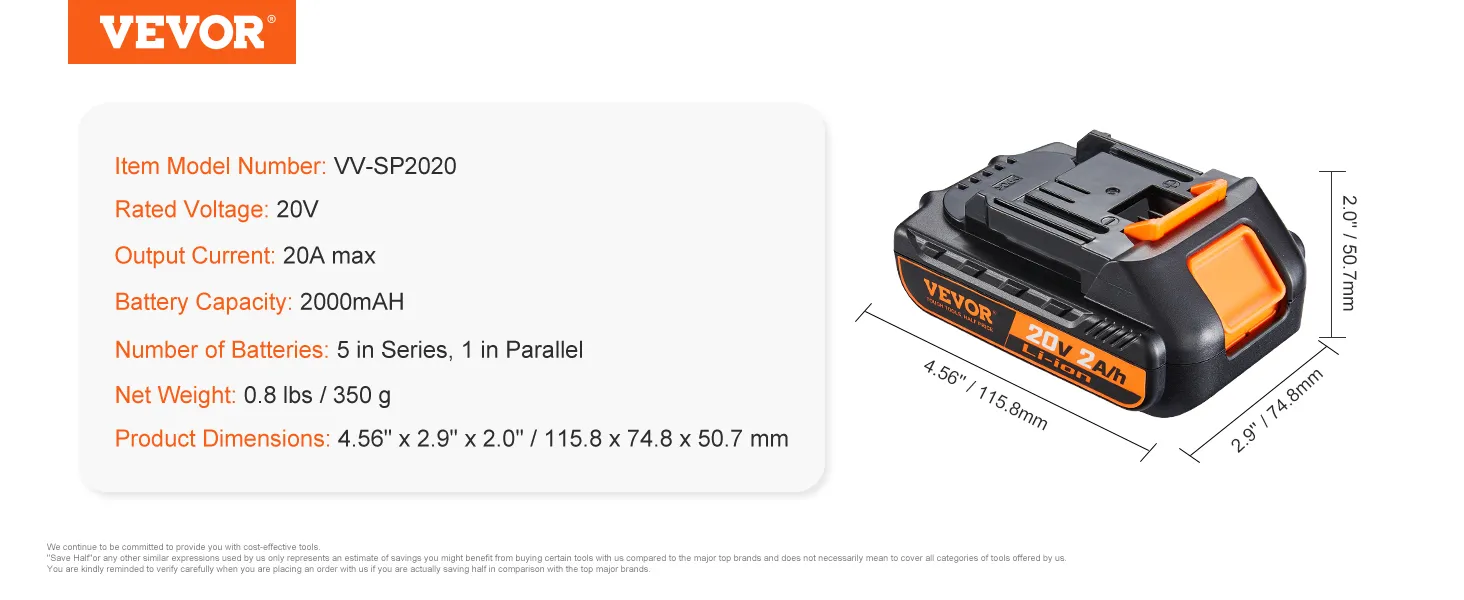 VEVOR 20-V-Lithium-Ionen-Akku, 2000 mAh, 20 A Leistung, Modell vv-sp2020, 350 g, Abmessungen 115,8 x 74,8 x 50,7 mm.