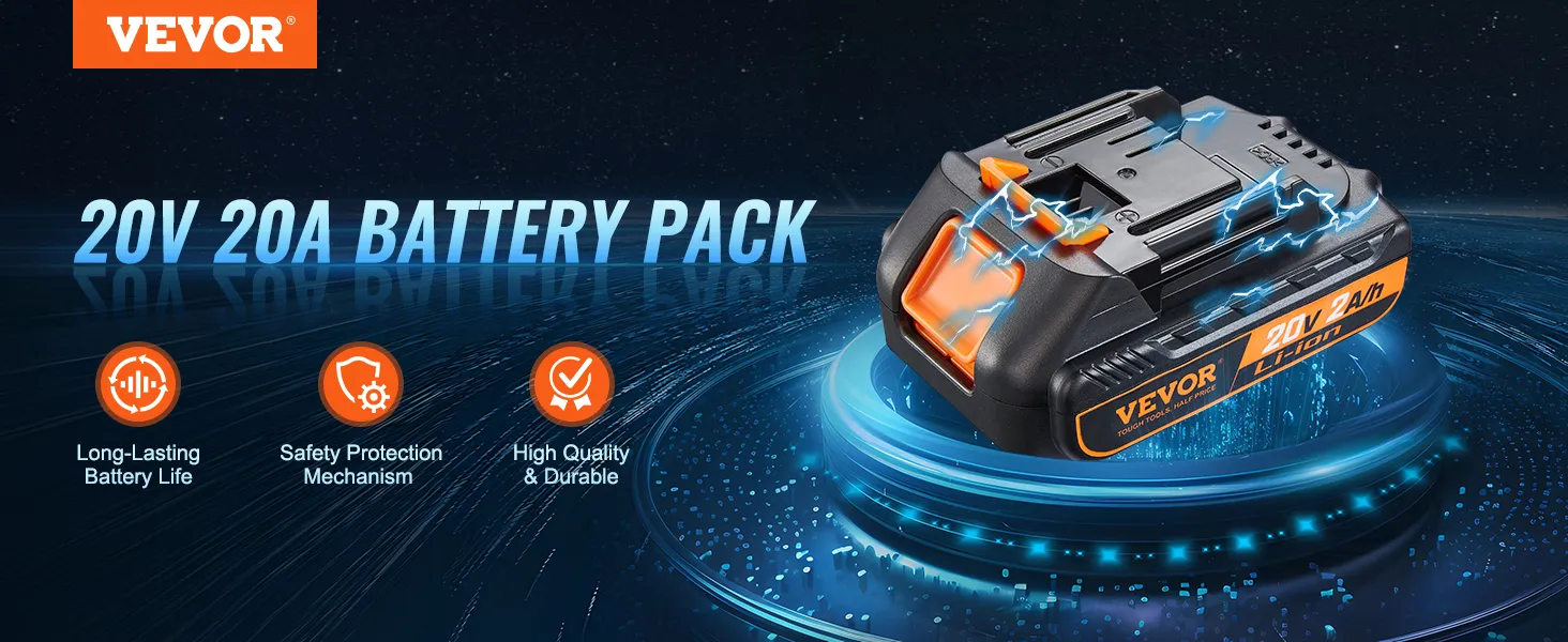 VEVOR 20-V-Lithium-Ionen-Akkupack mit langer Lebensdauer, Sicherheitsschutz und hoher Haltbarkeit.