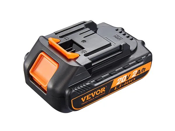 VEVOR 20-V-Lithium-Ionen-Akku mit orangefarbenen Akzenten, 2 A Kapazität und kompaktem Design.