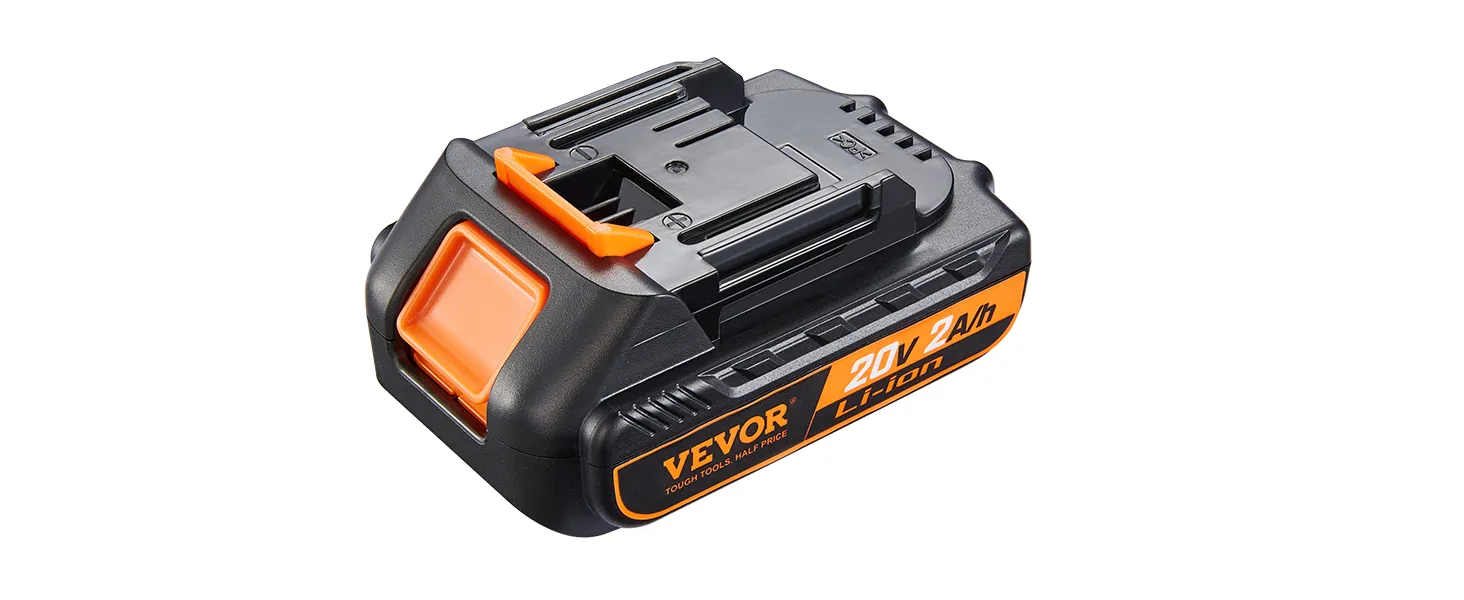 VEVOR 20-V-Lithium-Ionen-Akku mit orangefarbenen Akzenten, 2 A Kapazität und kompaktem Design.