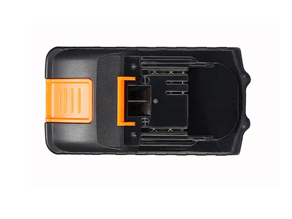 VEVOR 20-V-Lithium-Ionen-Akku mit orangefarbenem Entriegelungsknopf in einem schwarz-orangen Gehäuse