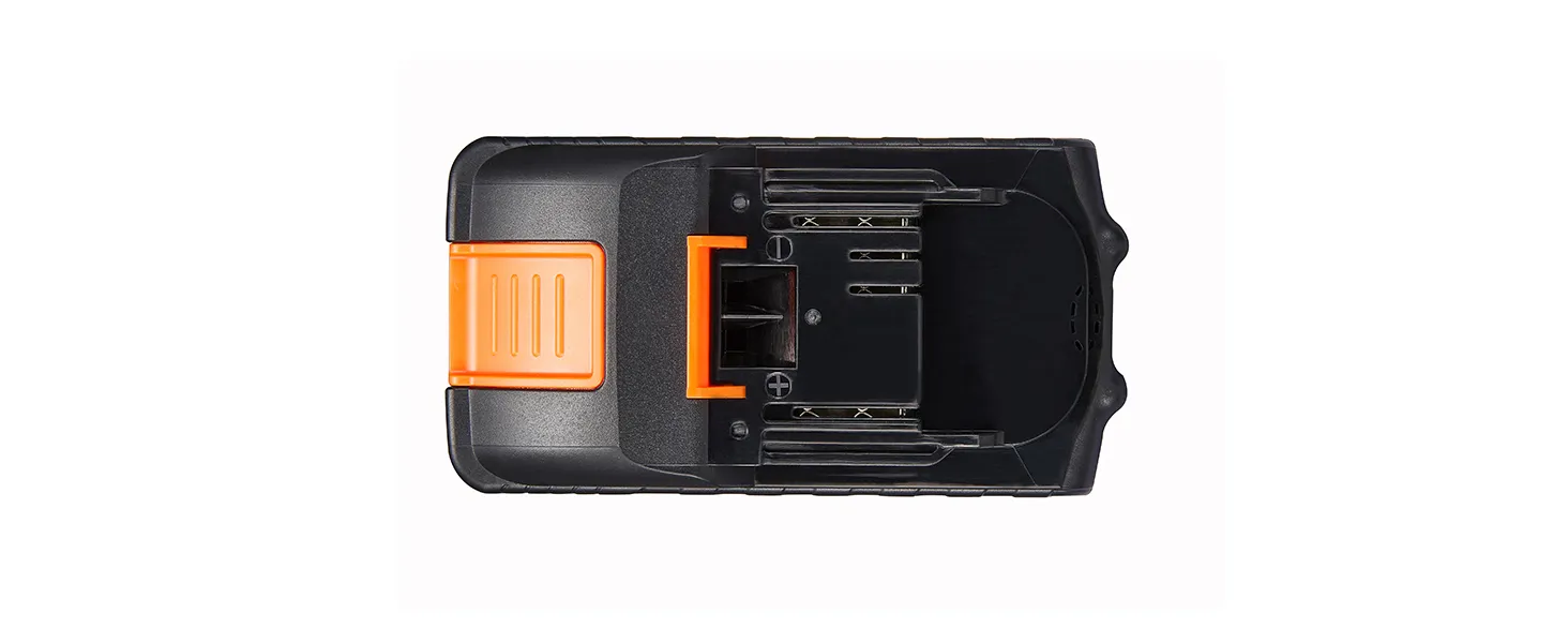 VEVOR 20-V-Lithium-Ionen-Akku mit orangefarbenem Entriegelungsknopf in einem schwarz-orangen Gehäuse