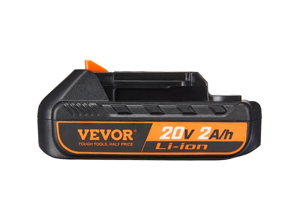 VEVOR 20-V-Lithium-Ionen-Akku, schwarz mit orangefarbenen Akzenten, 20 V, 2 A/h Kapazität, Li-Ionen-Technologie.