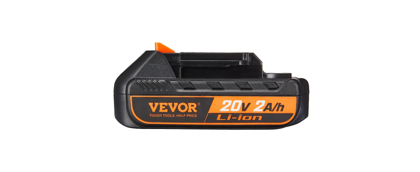 VEVOR 20-V-Lithium-Ionen-Akku, schwarz mit orangefarbenen Akzenten, 20 V, 2 A/h Kapazität, Li-Ionen-Technologie.
