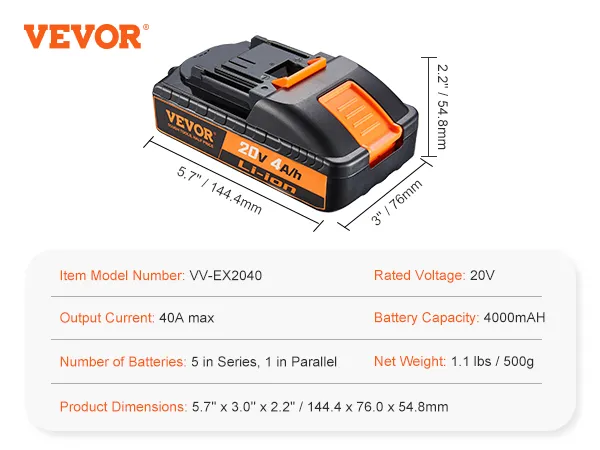 VEVOR 20v battery, 4000mah, li-ion, model vv-ex2040, dimensions 5.7"x3"x2.2", weight 500g.