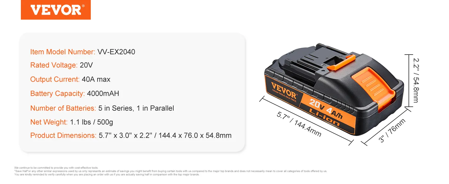 VEVOR 20v battery, 4000mah, li-ion, model vv-ex2040, dimensions 5.7"x3"x2.2", weight 500g.