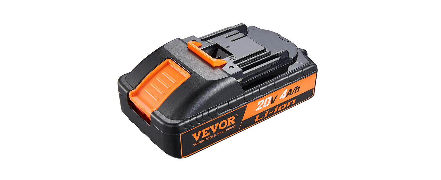 VEVOR 20v battery, 4ah li-ion, black and orange casing, tough tools, high performance.