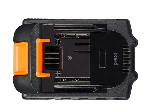 top view of VEVOR 20v battery, featuring black casing and orange latch.