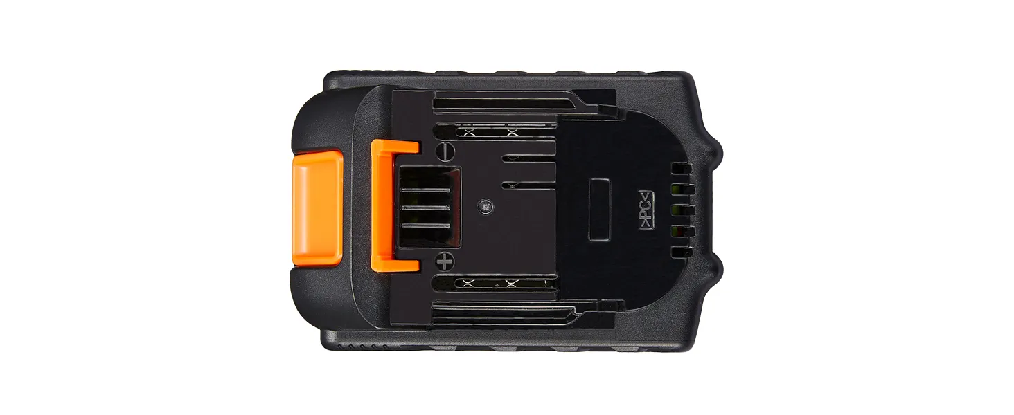 top view of VEVOR 20v battery, featuring black casing and orange latch.