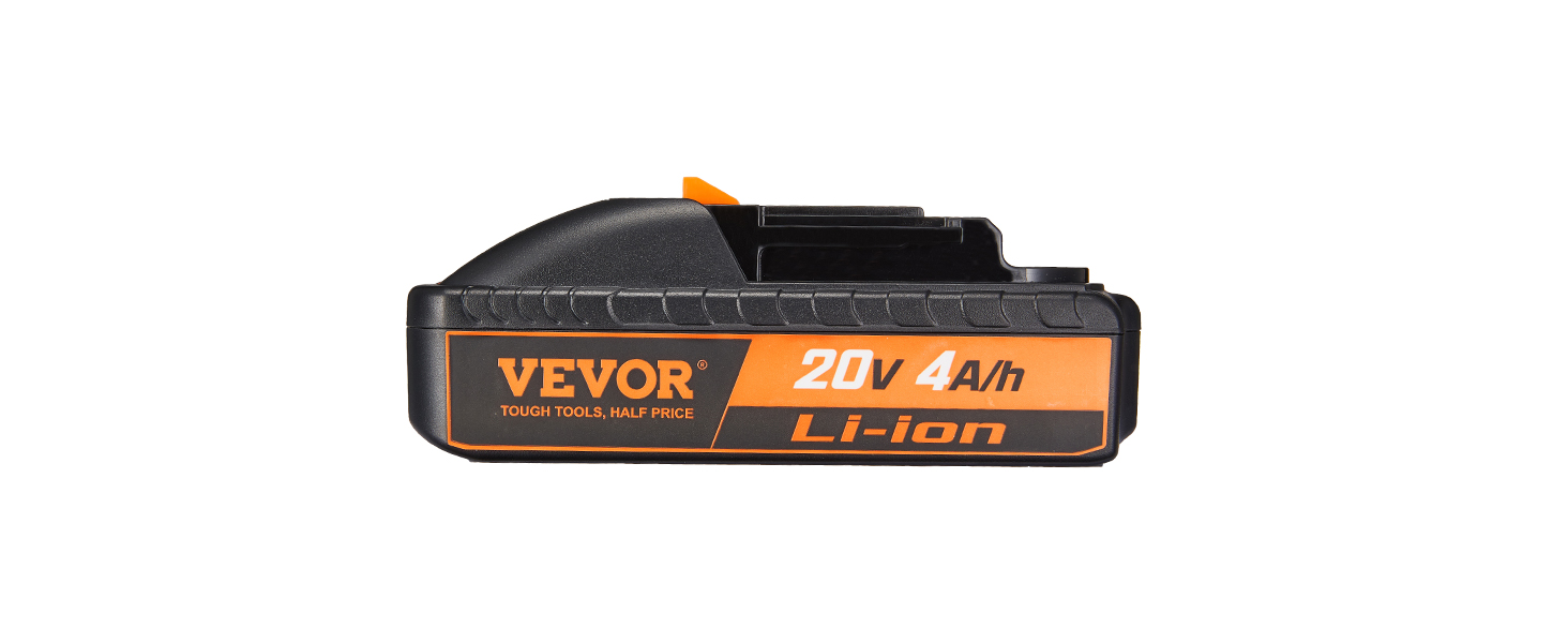 Літій-іонний акумулятор VEVOR 20 В, 4 Ач/год, у чорно-жовтогарячому корпусі, ідеально підходить для електроінструментів.