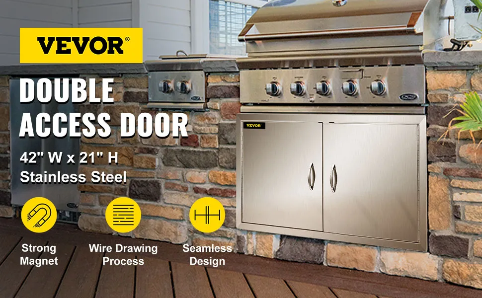 Puerta de acceso para barbacoa VEVOR en acero inoxidable con imán potente y diseño sin costuras.