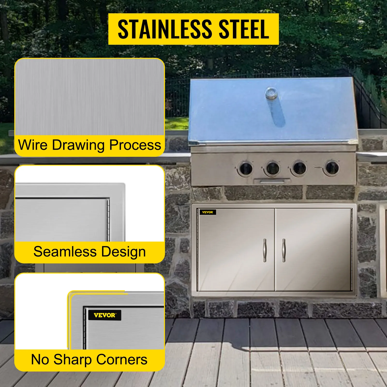 Puerta de acceso para barbacoa VEVOR en acero inoxidable con diseño sin costuras y sin esquinas afiladas.