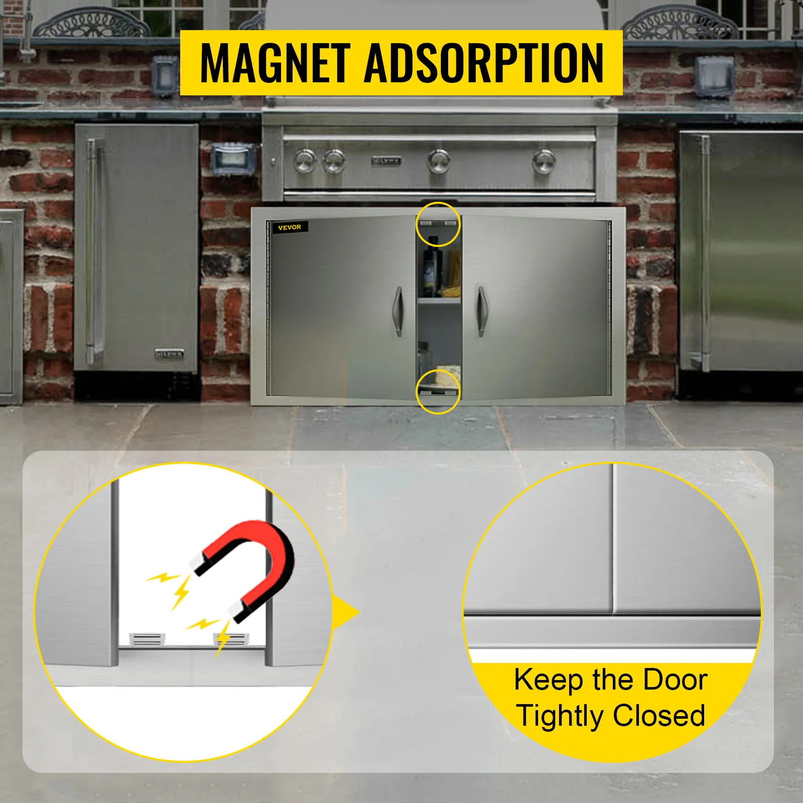 Puerta de acceso para barbacoa VEVOR con función de adsorción magnética para cocinas al aire libre.