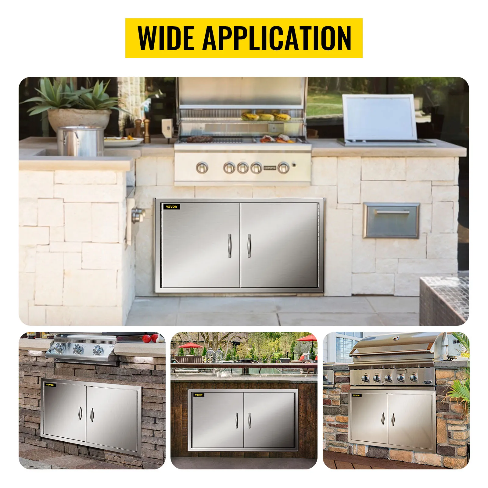 Puerta de acceso para barbacoa VEVOR instalada en varias configuraciones de cocina al aire libre, resaltando su versatilidad.
