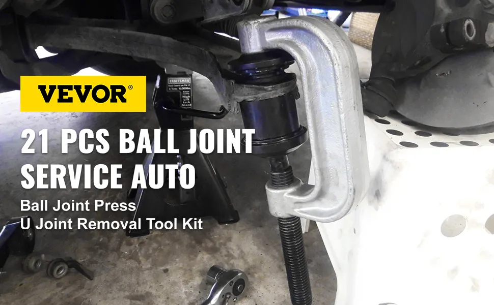 Kit de rótula VEVOR para servicio automotriz en uso, que muestra la herramienta de prensado de rótula.