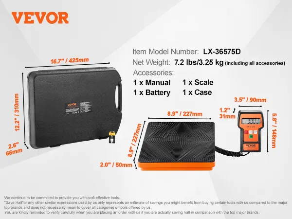 Báscula de refrigerante VEVOR con estuche, pantalla digital, dimensiones, modelo lx-36575d, 7,2 lbs.