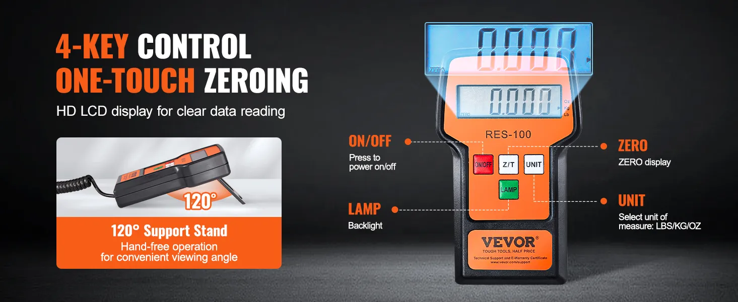 Báscula de refrigerante VEVOR con control de 4 teclas, soporte de 120° y pantalla LCD HD para lecturas claras.