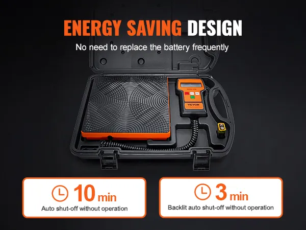 Báscula de refrigerante VEVOR en un estuche rígido con detalles de diseño de ahorro de energía.